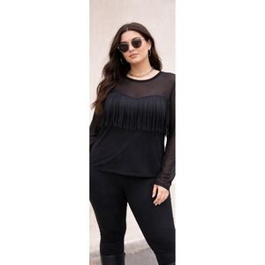 Black Fringe Mesh Top 4X Sheer Long Sleeve Gothic Western Concert Plus Size Boho